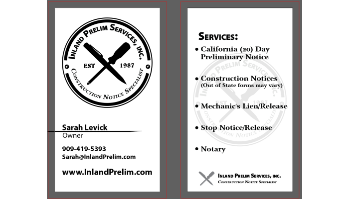 Business Cards - Sarah - Inland Prelim Serivces